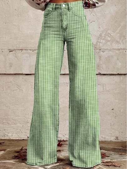 Womens High Rise Jeans Retro Classic Striped Print Wide Leg Denim Pants Boyfriend Jeans With Pockets