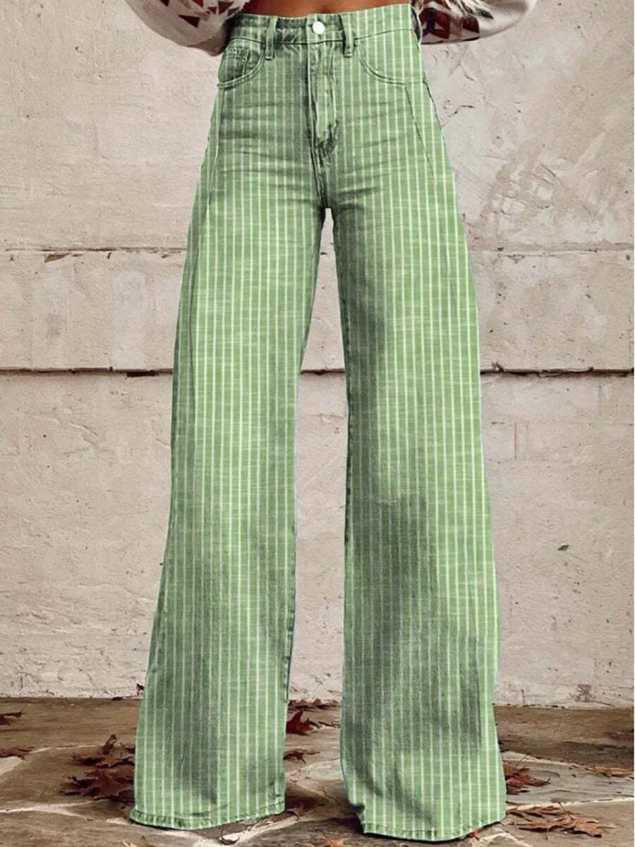 Womens High Rise Jeans Retro Classic Striped Print Wide Leg Denim Pants Boyfriend Jeans With Pockets - Green - View 1