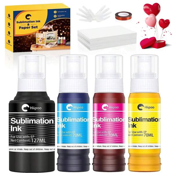 Hiipoo Sublimation Ink Set With 110 Sheet Sublimation Paper 8.5x11" 120G, 2 Pack Teflon Sheet, Heat Tape Compatible With Ecotank Inkjet Printer ET-2720 ET-2760 ET-2800 ET-2803 ET-4700, DIY Gifts
