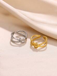 1 件精致双层结戒指女士 18K 镀金不锈钢开口可调节戒指订婚结婚珠宝时尚配饰情人节礼物