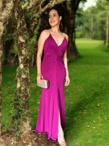 Long Party Dress With Lined Cups, Elasticity, Straps In Shiny Rhinestones, Cut-Out, Front Slit, Fluid Mesh, Fluid And Elegant Fit, One Size Fits 36 To 42 - fuchsia - View 3