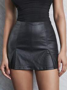 High Waist Elastic Slit PU Leather Punk Rock Nightclub Tight Mini Skort, Music Festival - Black - View 4
