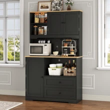 64" Tall Kitchen Pantry Storage Cabinet With Microwave Stand, Freestanding Kitchen Hutch Cabinet With Storage, Cupboard Cabinet For Kitchen, Living Room(White) - Đen + Gỗ - Xem 3