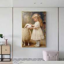 Little Shepherdess Canvas Wall Art, Vintage Farm Animal Art Canvas Prints, Girl And Lamb Artwork Farmhouse Art Rustic Wall Decor For Bedroom Living Room, Framed And Ready To Hang. (30x45cm)12x18inch Framed - White - View 4