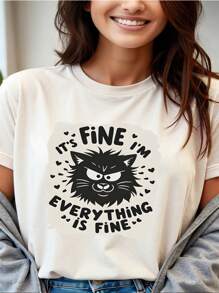 Angry Cat, Vintage Typography - Damska koszulka z okrągłym dekoltem w stylu retro, idealna do noszenia przez cały rok, świetny prezent dla dziewcząt i kobiet