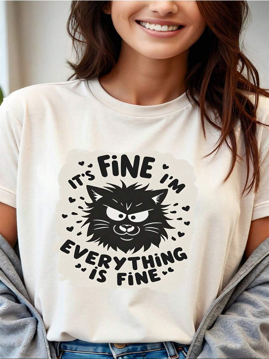 Angry Cat, Vintage Typography - Damska koszulka z okrągłym dekoltem w stylu retro, idealna do noszenia przez cały rok, świetny prezent dla dziewcząt i kobiet