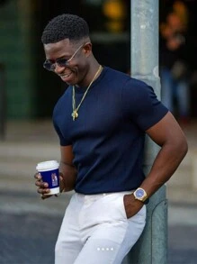 Men's Casual T-Shirt Slim Fit Basic Social Fashion - Màu xanh hải quân - Xem 4