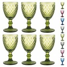 Colored Glass Goblet Set Of 6, Embossed Design Green Wine Glasses, 10 Oz Thickened Vintage Glass Wine Goblets, For Juice Drinking Wedding Party Wine Glass (Pattern : Diamonds) - Green - View 4