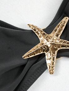 Women's Bandeau Bikini Set With Metal Starfish Decor & Skirt, Three Pieces Swimwear Set For Beach Summer Vacation