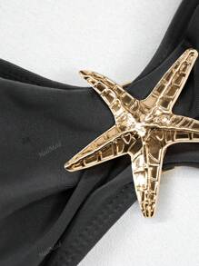 Conjunto de bikini de mujer estilo bandeau con decoración de estrella de mar de metal y falda, set de traje de baño de tres piezas para playa y vacaciones de verano