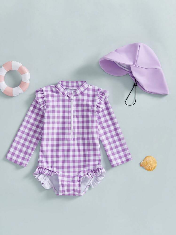 Traje de baño Rash Guard para niñas pequeñas con gorro, conjunto de 2 piezas, estampado a cuadros, con cremallera, manga larga, cuello redondo, trajes de baño para niñas pequeñas - Morado - Añade 4