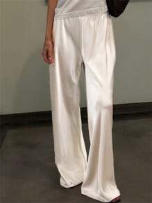 Women's Casual Wide Leg Dress Pants Elastic Waist Solid Color Satin Pants Work Trousers - 杏色 - 查看 3