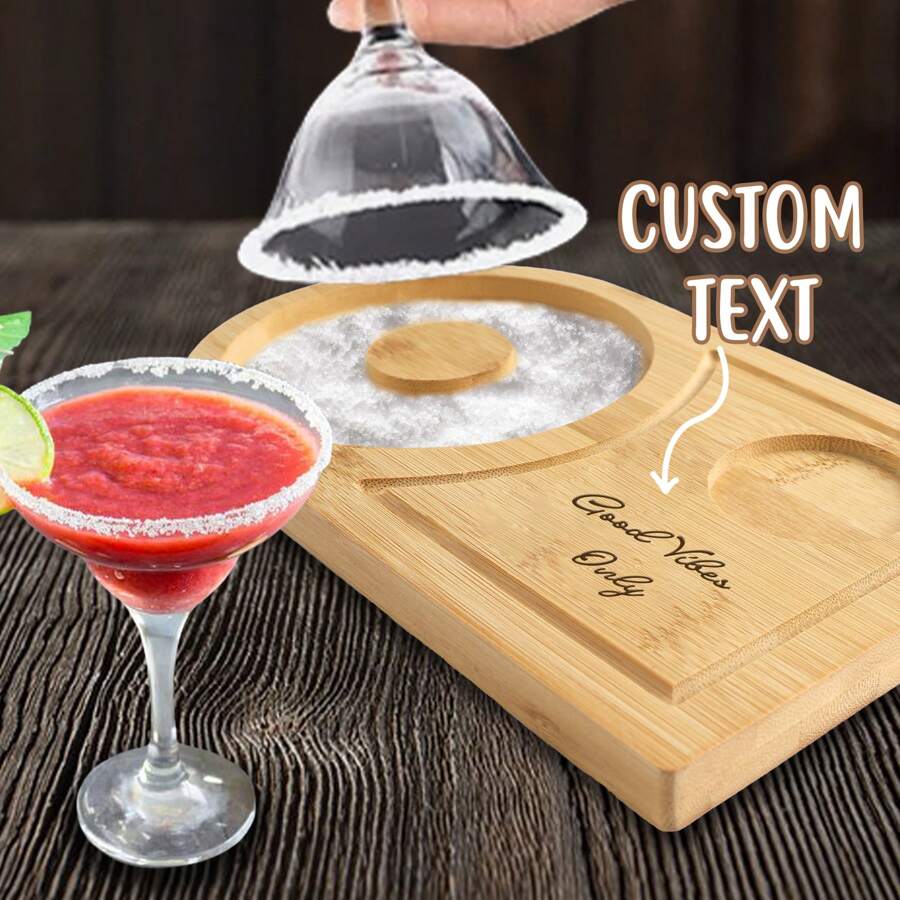 1pc Personalized Salt-Rimmed Bartender Tools, Wooden Cocktail Seasoning Tray-Laser Engraved Name-Suitable For Parties, Bars, Cocktail Receptions - Beige - View 1
