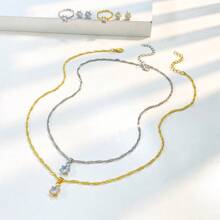 女士时尚珠宝 3 件套，包括项链、戒指和耳环，镶嵌单颗钻石和六爪方晶锆石 - 三件套 - 查看 7