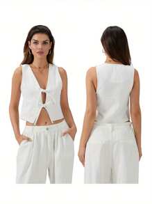 Camisetas sin mangas de mezclilla para mujer, ajustadas, con escote en V profundo y lazo frontal, de color liso, para verano - Blanco - Ver 3