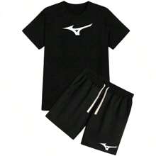 Men's T-Shirt Kit + Shorts TecTel Sports Gym Mizun Training 100% Cotton Round Neck Shirt Fresh Mesh Quick Dry Shorts Rubberized Print Immediate Shipping Full - màu đen - Xem 1