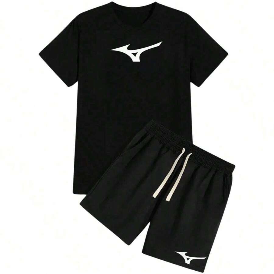 Men's T-Shirt Kit + Shorts TecTel Sports Gym Mizun Training 100% Cotton Round Neck Shirt Fresh Mesh Quick Dry Shorts Rubberized Print Immediate Shipping Full - màu đen - Xem 1