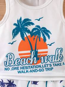 Set de 3 piezas: Chaleco con estampado de palmeras, pantalones cortos con estampado total y sombrero de sol para niños pequeños - Conjunto de vestir casual para vacaciones