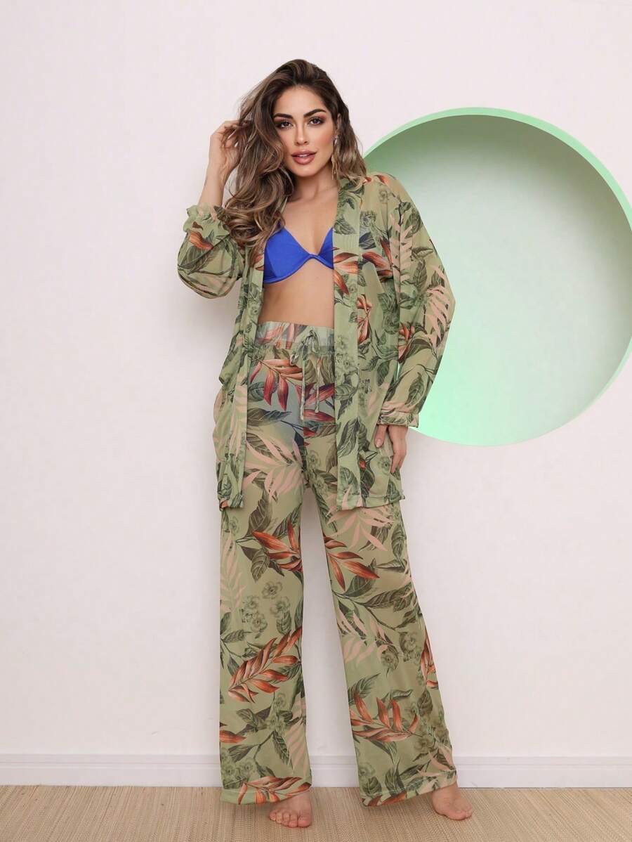 Kimono And Wide-Leg Pants Beach Cover-Up Set - 橄欖綠 - 查看 1