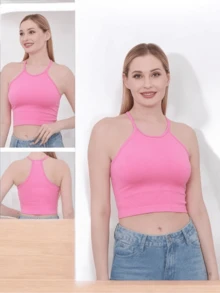 Unicolor Halter Top.  Elastic Fabric. - 粉色 - 查看 2