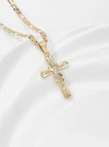 1 pieza Collar colgante con cruz de Jesús de 14K color oro, estilo europeo y americano, hipoalergénico, con relieve en capas e incrustación de cobre y circonita, adecuado como regalo para madres, San Valentín, parejas, amigos, cristianos, para uso diario, festivales y oración
