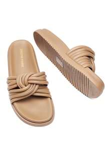 Women Open Toe Slide Sandals Knotted Padded Tubular Straps Leisure Slip On Flat Sandals Summer Casual Chic Comfort Daily Shoes - 駝色 - 查看 8