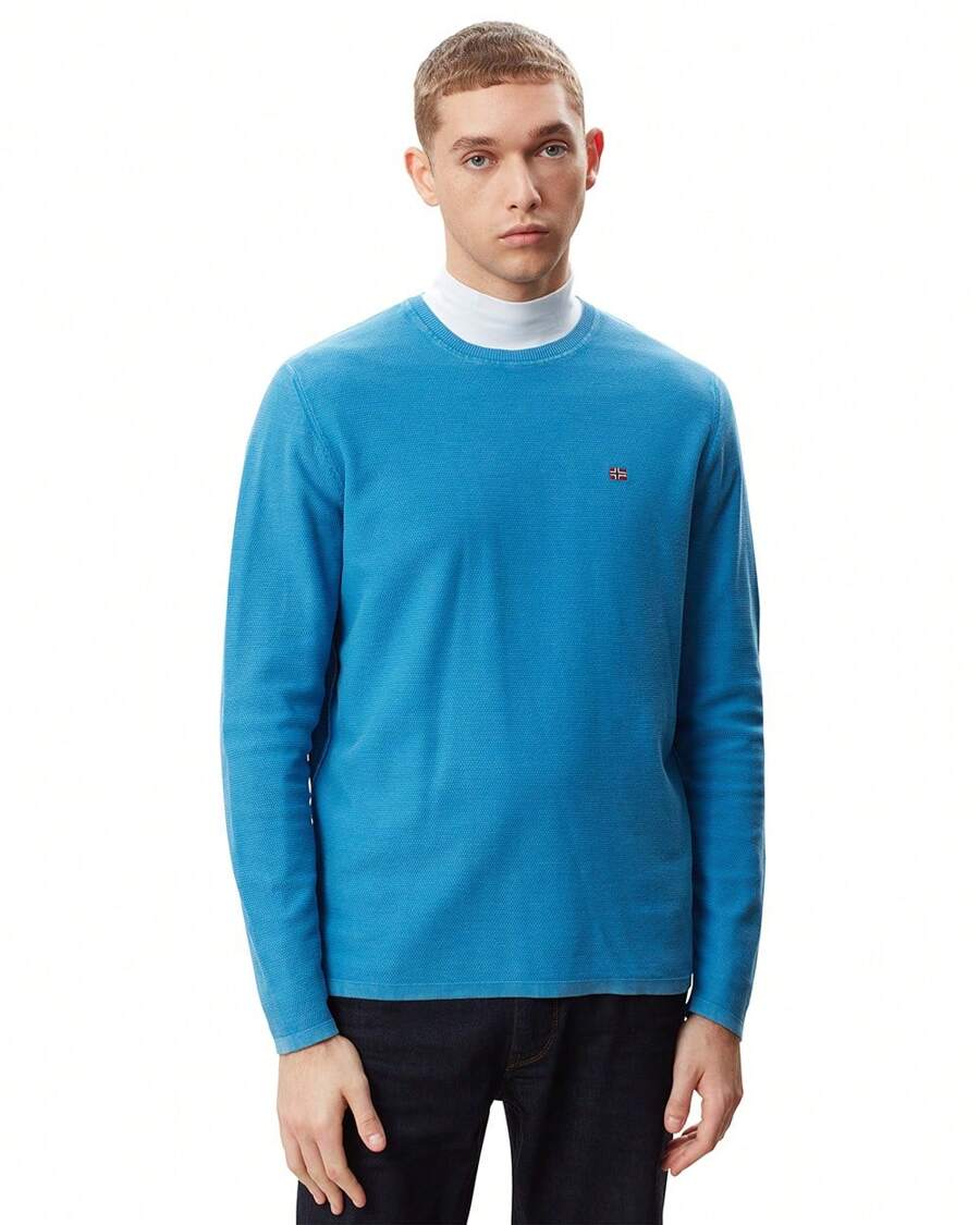 Napapijri Men's Round Neck Long Sleeve Casual Minimalist Pattern Top, Daily Wear - Blue - View 1