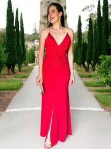 Vestido longo de festa com bojo forrado elasticidade alças em strass reluzente corteregara fenda frontal malha fluite caimento fluido e elegante tamanho unico veste 36 ao 42 - Vermelho - Visão 3