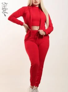 Solid Hooded Coat & Crop Top & Drawstring Waist Pants - Red - View 3