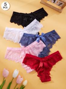 5pcs Ladies Sexy Lace Panties Mature Romantic Bowknot Women's Thongs Women's Breathable Lace Thongs Women Thongs Brozilian Panties Black Underwear Bikini Panties For Women Panty Set Lace Panties - Multicolor - View 1