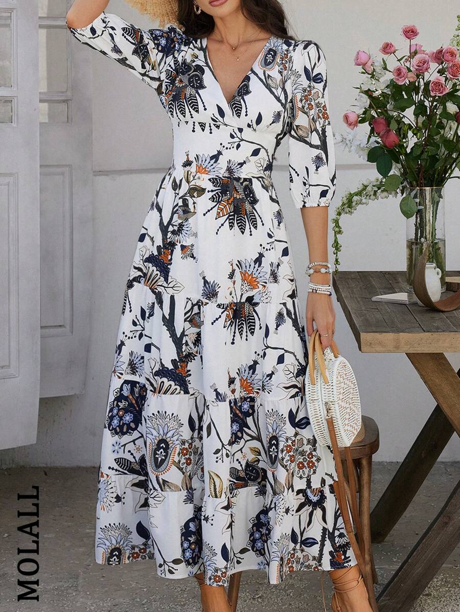 Summer Fashion Elegant Casual Bohemian Holiday Style Flower Print V-Neck Waist Dress - White - View 1