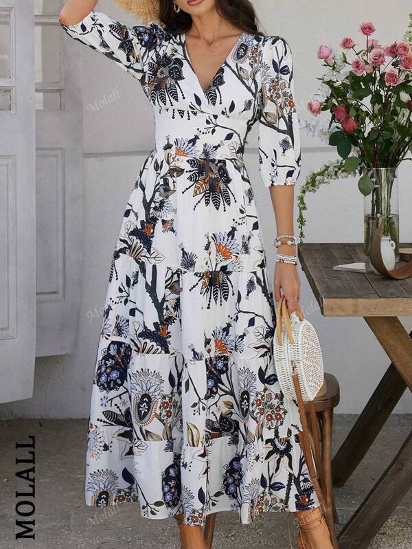 Moda verão elegante casual boêmio estilo de férias flor estampado com decote em v vestido de cintura