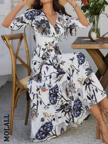 Summer Fashion Elegant Casual Bohemian Holiday Style Flower Print V-Neck Waist Dress - White - View 5