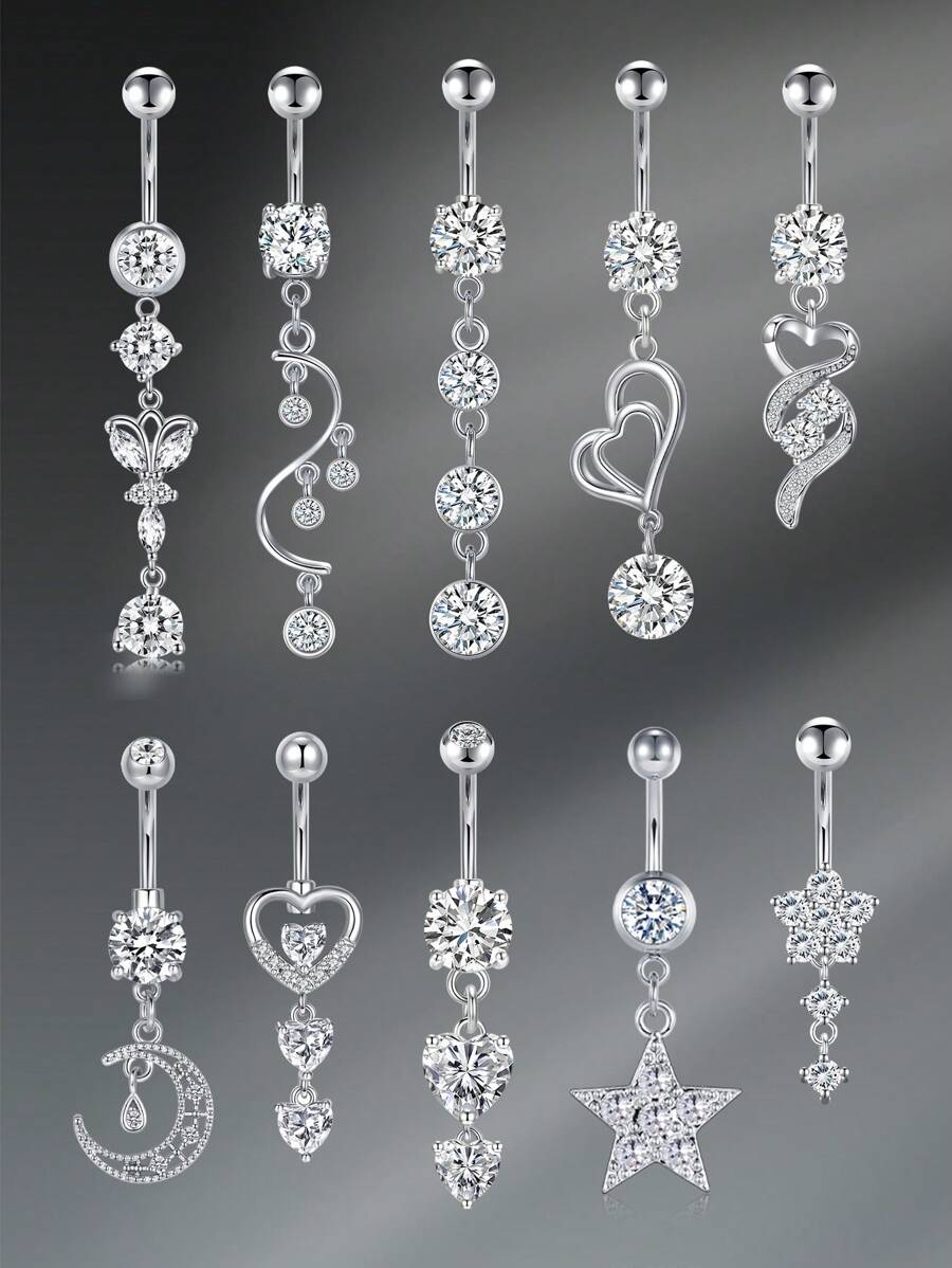 CIZME 1PC 14G 10mm Dangle Belly Button Rings Stainless Steel Silver Belly Button Rings Dangling CZ Belly Rings For Women Silver Belly Button Piercing Jewelry Belly Button Ring Belly Ring Navel Rings - Silver - View 1