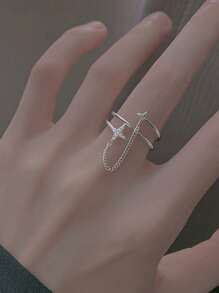 1 件独家设计奢华链条流星和双层十字戒指 - 銀色 - 查看 2