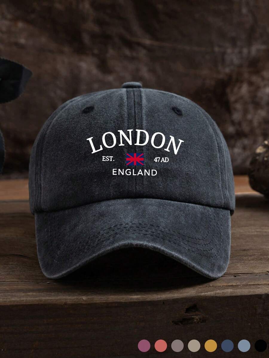 1 buc. șapcă de baseball spălată, unisex, în aer liber, ocazional, mărime reglabilă, steagul Londra și imprimeu cu litere, potrivită pentru ținuta zilnică - A - Vizualizare 1
