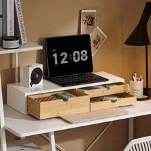 SoBuy BBF11-WN Soporte para monitor con 3 cajones Blanco y Natural Elevador Pantalla Ordenador Elevador Monitor Escritorio Elevador Monitor Soporte Monitor Escritorio Organizadores Elevador Monitor Soporte para Monitor Y Portátil Muebles de Oficina en Casa, Mobiliario de estudio Blanco + Caqui estilo nórdico, estilo sencillo - Blanco - Ver 8