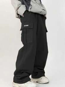 1 pezzo Pantaloni cargo da ragazzo adolescente, casual, sportivi, da esterno, con tasche e decorazione di lettere a strappo, gamba dritta, per primavera e autunno