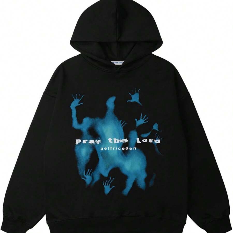 Aelfric Eden Graphic Hoodies Vintage Printed Hoodie Sweatshirt Casual Oversized Long Sleeve Streetwear Hooded Pullover - 黑色 - 查看 1