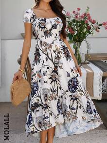 波西米亚风格露背收腰露肩花卉印花连衣裙，夏季
