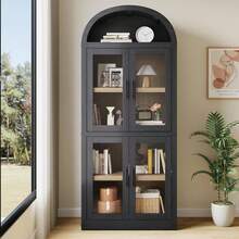 GOCAPTAIN Arched Bookshelf With Doors Farmhouse Bookcase 15.83in Depth Display Storage Shelves 71.4in Tall Wooden Display Cabinet Rounded Bookcases For Living Room, Kitchen, Office - 黑色 - 查看 4