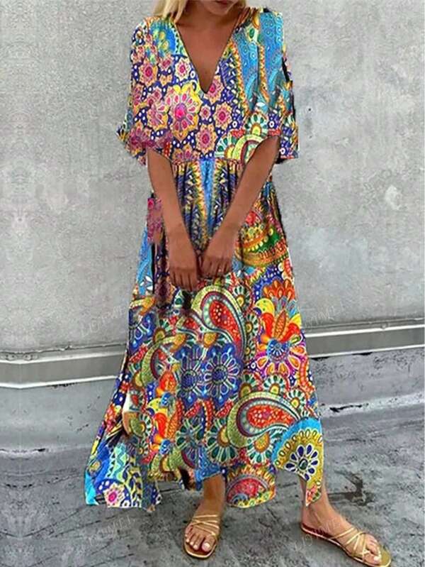 Plus Size Women's V-Neck Floral Print Dress - Casual Short Sleeve, Colorful Summer Fashion, Flowy Hem And Elastic Waist Details, Tropical Vacation Woman Clothes