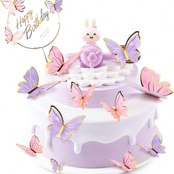 40 pièces Décorations de gâteau en forme de papillon, Décorations de gâteau en papier 3D en forme de papillon pour cupcakes, Décorations de gâteau en forme de papillon, Décorations de gâteau, Décoration d'anniversaire, Décoration de fête, Autocollants muraux en forme de papillon pour arrière-plan mural (rose et violet)