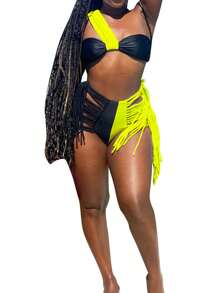 Women's Sexy Contrast Color Bikini, Sleeveless Off-shoulder Tops Briefs Swimsuit, Classic Tassel Decoration Two-pieces Set - verde fluorescente - Ver 3