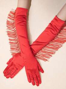 Long Satin Fringed Gloves, Latin Dance Performance Gloves, Bridal Satin Fringed Gloves, For Performance, 1920s Fashion, Party, Ball, Ritual, Sexy Super Long Women Satin Fringed Five-Finger Gloves Autumn Accessories Valentine's Day Accessories - Multicolor - View 12