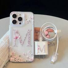 Étui de téléphone en TPU avec motif graphique lettre "M" et fleurs, 5-en-1 avec protecteur de câble de données compatible avec le câble de charge rapide Apple. Compatible avec iPhone 11/12/13/13Pro Max/14/14Pro/14Plus/14Pro Max/15/15Pro/16/16Plus/16Pro Max/16Pro/15Pro Max XR XSM. Ensemble d'étui de protection - Multicolore - Voir 1