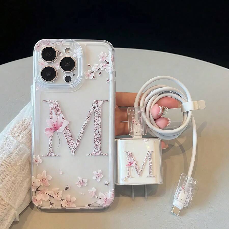 Étui de téléphone en TPU avec motif graphique lettre "M" et fleurs, 5-en-1 avec protecteur de câble de données compatible avec le câble de charge rapide Apple. Compatible avec iPhone 11/12/13/13Pro Max/14/14Pro/14Plus/14Pro Max/15/15Pro/16/16Plus/16Pro Max/16Pro/15Pro Max XR XSM. Ensemble d'étui de protection - Multicolore - Voir 1