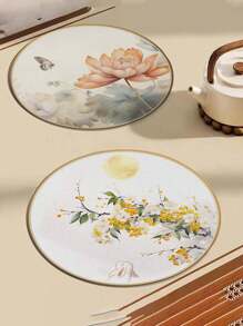 Heat Insulation Pad Waterproof Oil-Proof Round Placemat Coaster Bowl Plate Mat Anti-Scald Round Absorbent Dining Table Mat High-End Zen Chinese Style Tabletop Tea Coffee Mat Kitchen Draining Mat