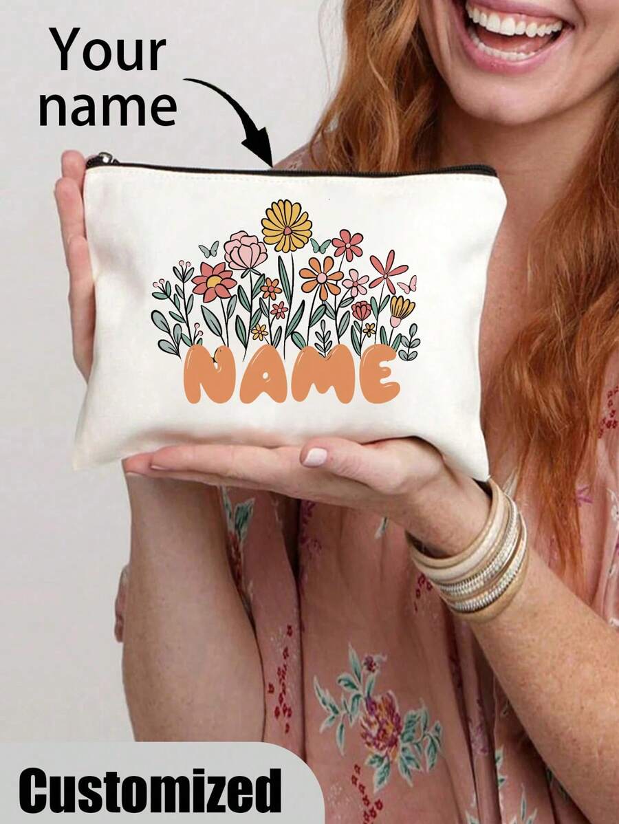 [Custom Made] Polyester Flower Design Cosmetic Bag For Women - Waterproof, Large Capacity,Personalized Name,Unscented, Portable Zip Makeup Pouch, Travel Essential, Gift For Flower Lovers - Exclusive Gift - Beige - View 1
