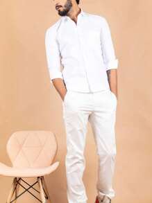 Camisa de manga larga elástica para hombre, estilo antiguo, de trabajo sencillo y de color sólido - Blanco - Ver 4